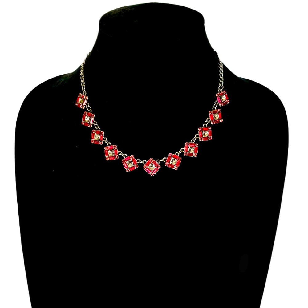 WHBM | Ruby Red Crystal & Gunmetal Art Deco Geometric Necklace | NWOT